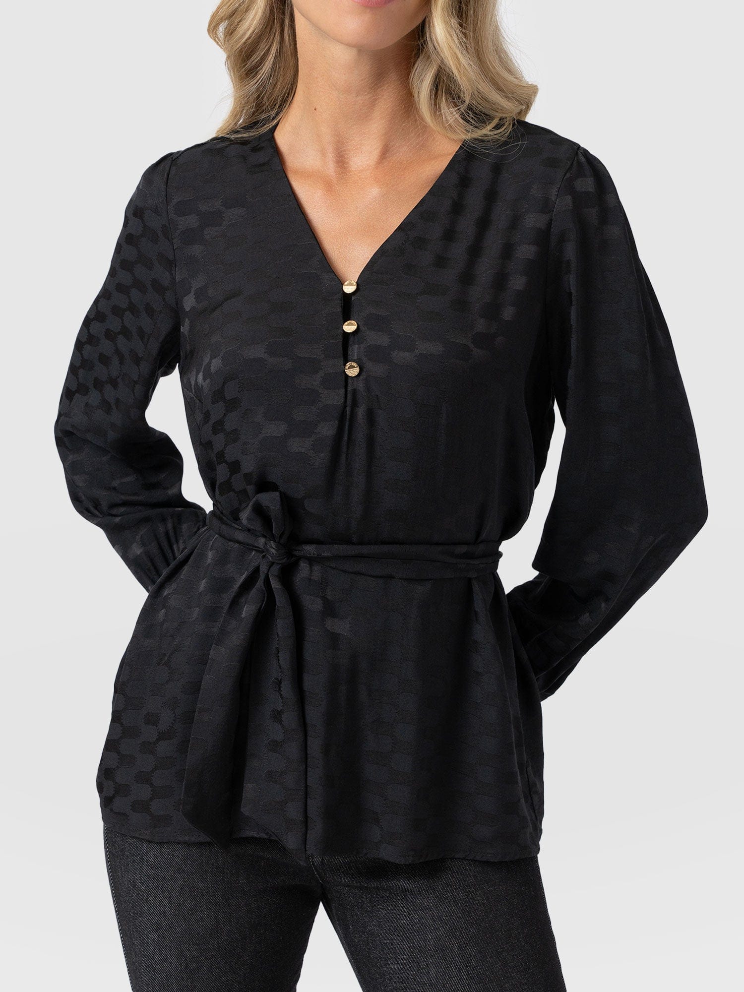Joselyn V Neck Blouse - Black Jacquard - Women's Blouses | Saint + Sofia® USA
